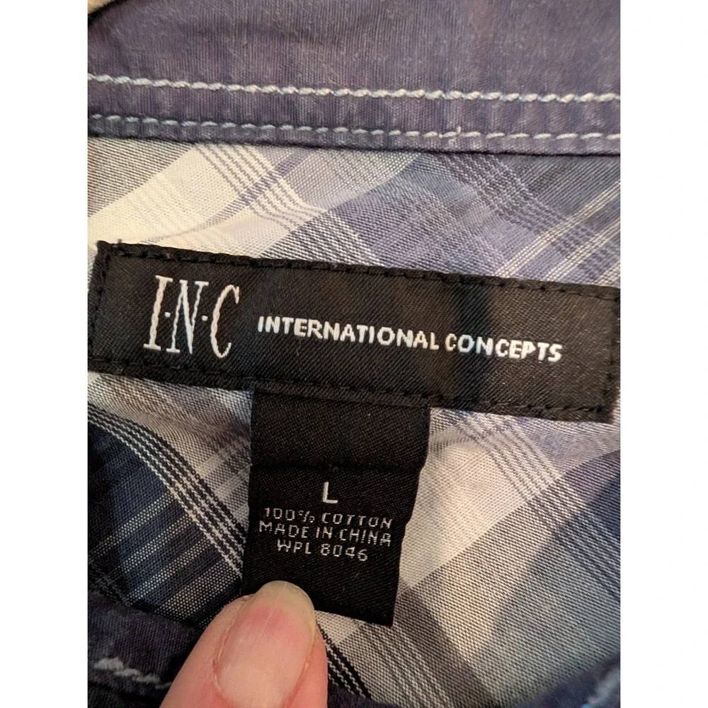 INC International Concepts Men Blue Plaid Snap Button Western Shirt Large Cotton